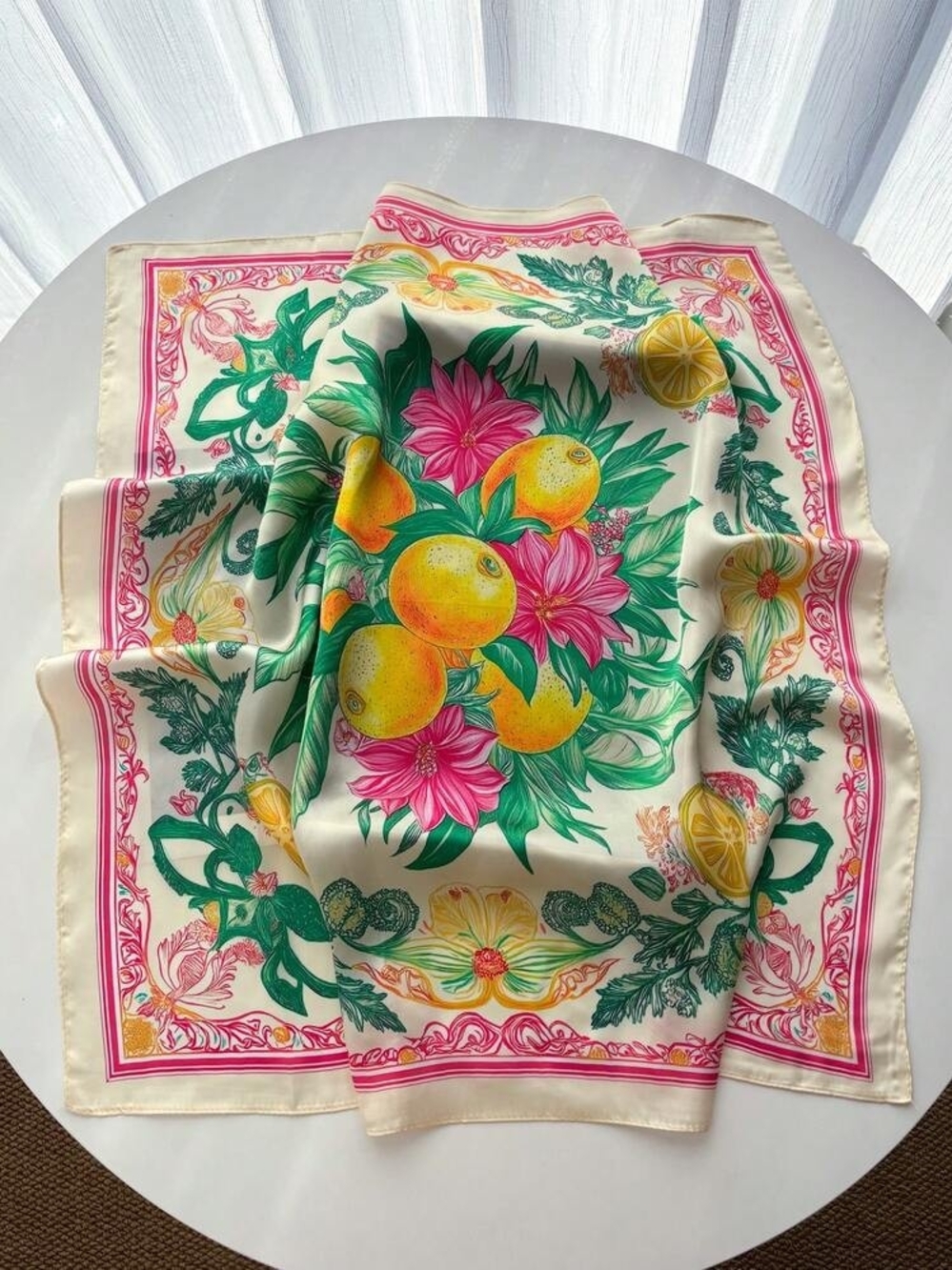 Silk-feel Lemon Botanical Scarf - Pink, Green & Yellow 70*70cm